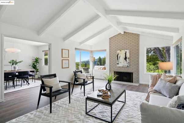 Dining room, Fireplace, Interior, Living room, Pendant Lights, Stone Walls, Wood Texture Flooring