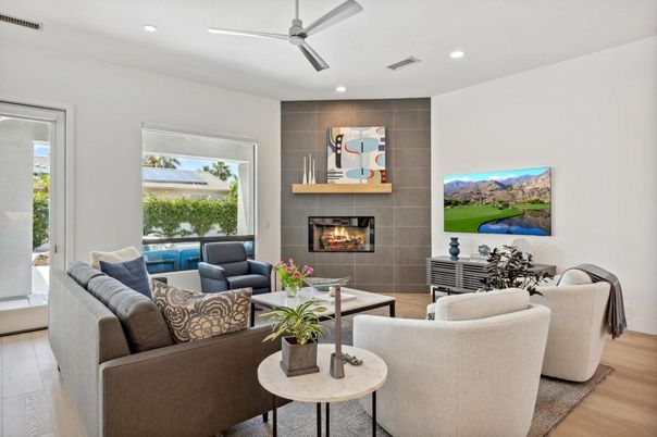 Fireplace, Interior, Living room, Recessed Lighting, Wood Texture Flooring