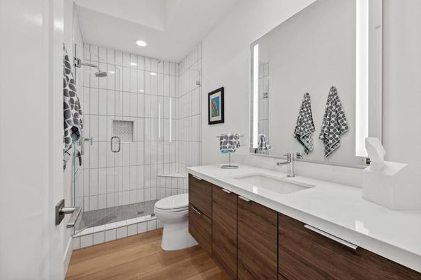 Bathroom, Glass Shower, Interior, Recessed Lighting, Wood Texture Flooring