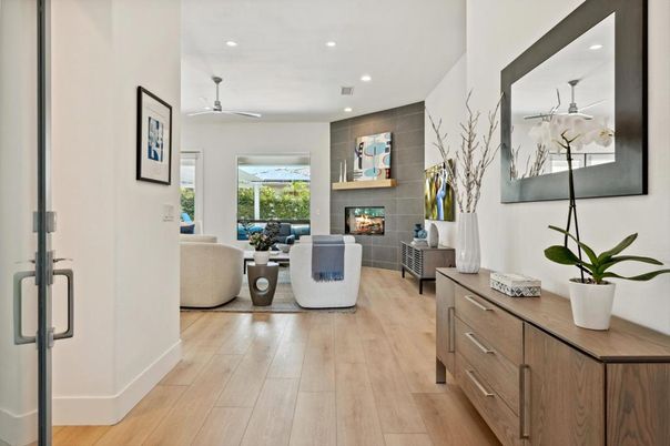 Dining room, Fireplace, Interior, Living room, Recessed Lighting, Wood Texture Flooring