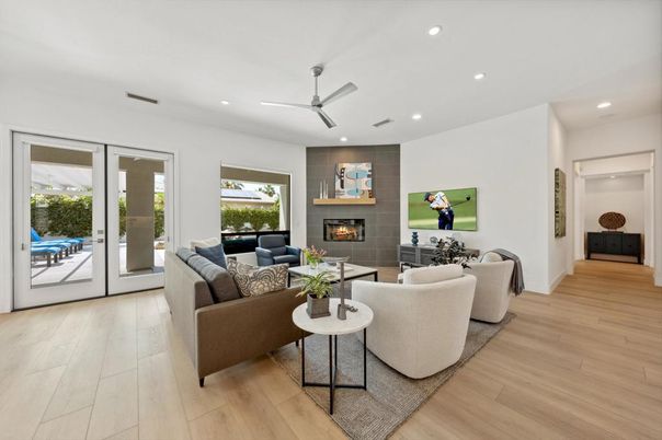 Fireplace, Interior, Living room, Recessed Lighting, Wood Texture Flooring