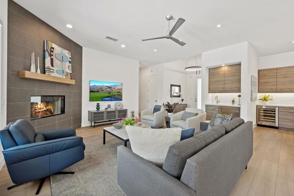 Fireplace, Interior, Living room, Pendant Lights, Recessed Lighting, Wood Texture Flooring
