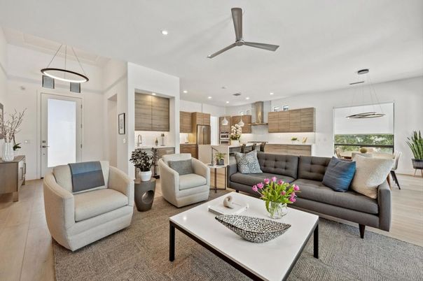Dining room, Interior, Kitchen, Living room, Pendant Lights, Recessed Lighting, Stainless Steel Appliances, Wood Texture Flooring