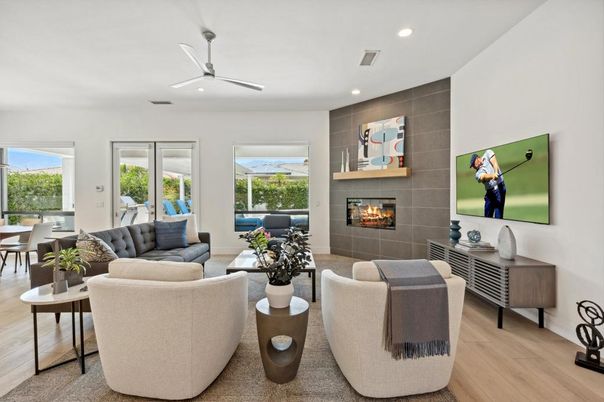 Dining room, Fireplace, Interior, Living room, Recessed Lighting, Wood Texture Flooring