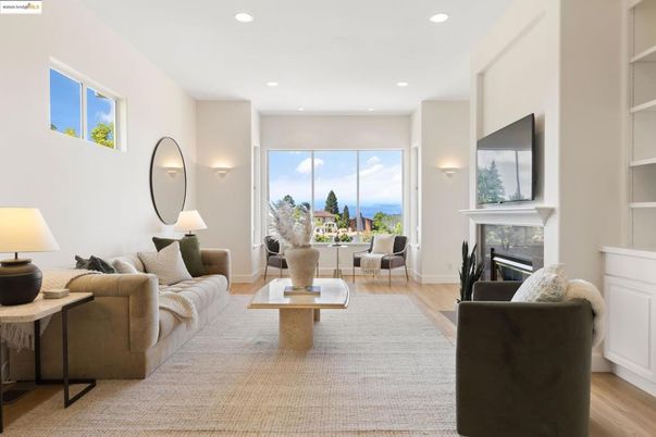 Fireplace, Interior, Living room, Recessed Lighting, Water, Wood Texture Flooring