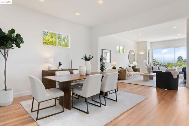 Dining room, Interior, Living room, Recessed Lighting, Wood Texture Flooring
