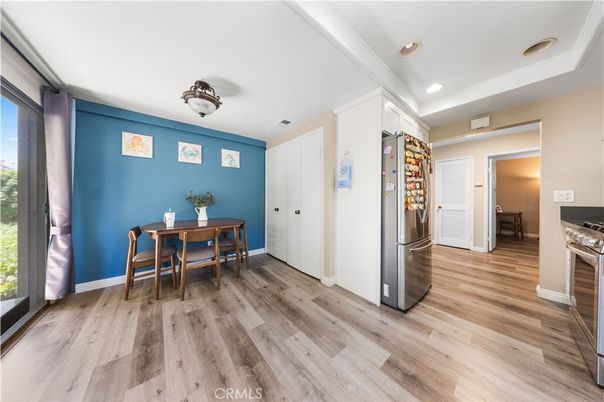Dining room, Interior, Recessed Lighting, Wood Texture Flooring