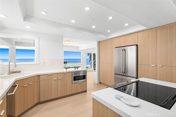 Interior, Kitchen, Recessed Lighting, Stainless Steel Appliances, Water, Wood Texture Flooring
