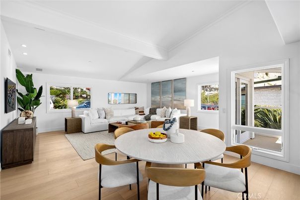 Dining room, Interior, Living room, Recessed Lighting, Wood Texture Flooring