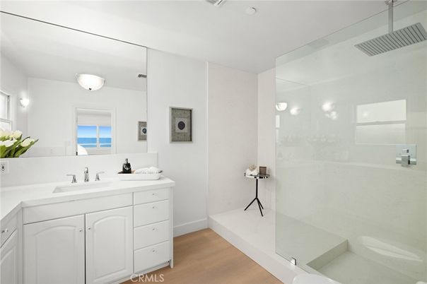Bathroom, Glass Shower, Interior, Wood Texture Flooring