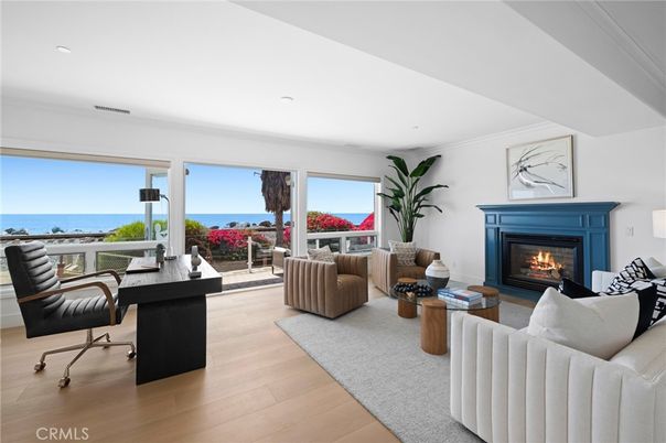 Fireplace, Interior, Living room, Recessed Lighting, Water, Wood Texture Flooring
