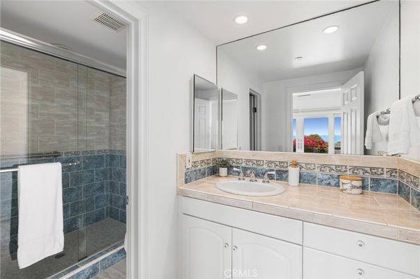 Bathroom, Glass Shower, Interior, Recessed Lighting, Tile Countertops