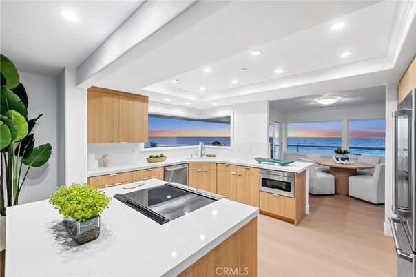 Interior, Kitchen, Recessed Lighting, Stainless Steel Appliances, Water, Wood Texture Flooring