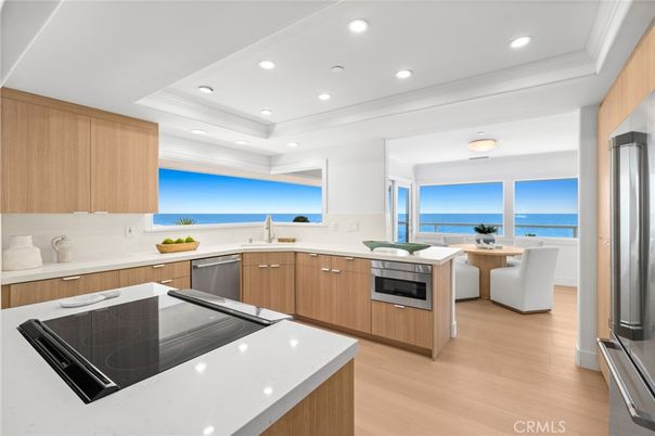 Interior, Kitchen, Recessed Lighting, Stainless Steel Appliances, Water, Wood Texture Flooring