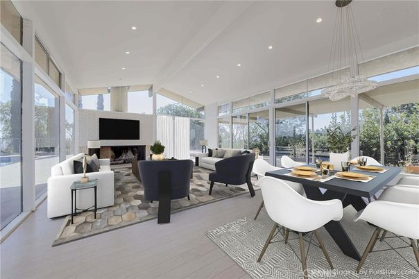 Dining room, Fireplace, Interior, Living room, Recessed Lighting, Wood Texture Flooring