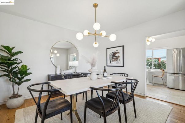 Dining room, Interior, Kitchen, Pendant Lights, Stainless Steel Appliances, Wood Texture Flooring