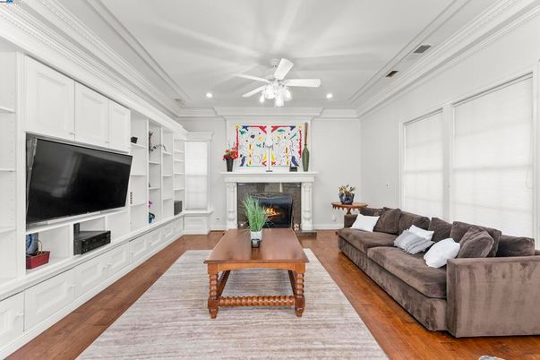 Fireplace, Interior, Living room, Recessed Lighting, Wood Texture Flooring