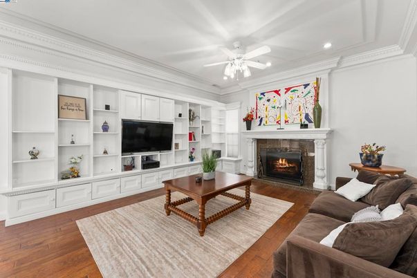 Fireplace, Interior, Living room, Recessed Lighting, Wood Texture Flooring