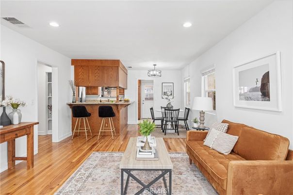 Chandelier, Dining room, Interior, Kitchen, Living room, Recessed Lighting, Wood Texture Flooring