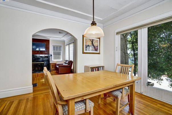 Dining room, Interior, Pendant Lights, Wood Texture Flooring