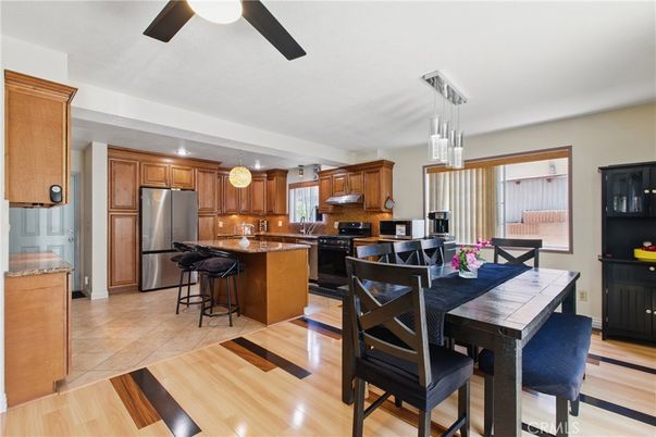 Dining room, Interior, Kitchen, Pendant Lights, Stainless Steel Appliances, Wood Texture Flooring