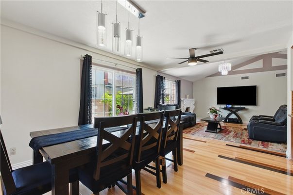 Dining room, Interior, Living room, Pendant Lights, Wood Texture Flooring