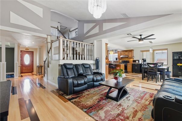 Chandelier, Dining room, Interior, Kitchen, Living room, Recessed Lighting, Wood Texture Flooring