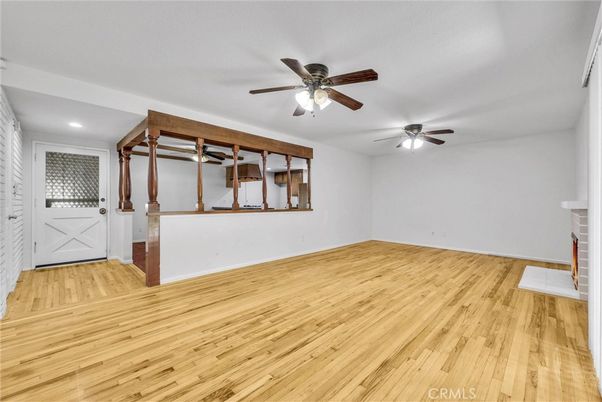 Empty room, Fireplace, Interior, Recessed Lighting, Wood Texture Flooring