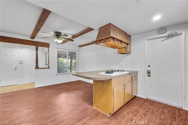Empty room, Interior, Kitchen, Recessed Lighting, Wooden Beams, Wood Texture Flooring