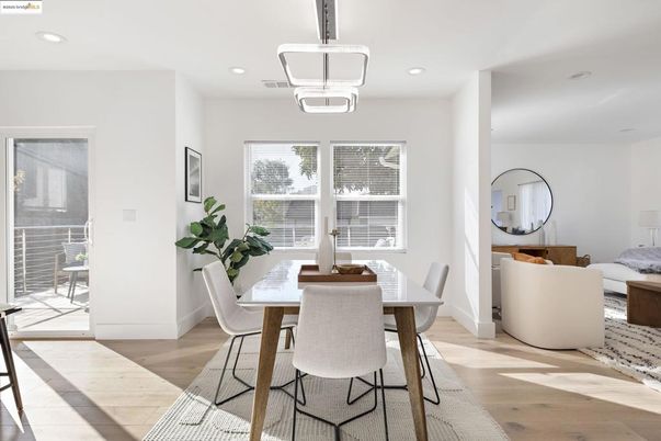 Dining room, Interior, Pendant Lights, Recessed Lighting, Wood Texture Flooring