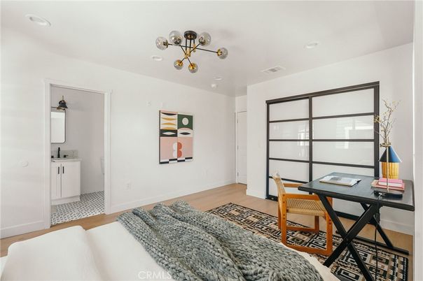Bedroom, Home Office, Interior, Pendant Lights, Recessed Lighting, Wood Texture Flooring