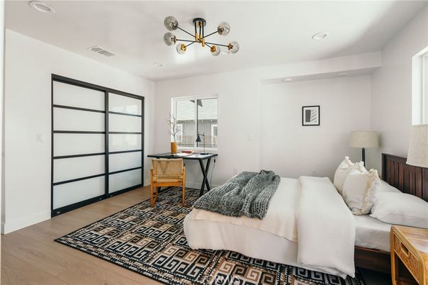 Bedroom, Interior, Pendant Lights, Recessed Lighting, Wood Texture Flooring
