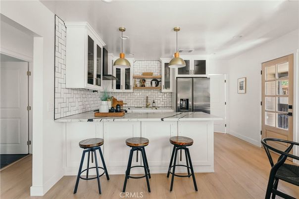 Interior, Kitchen, Pendant Lights, Stainless Steel Appliances, Wood Texture Flooring