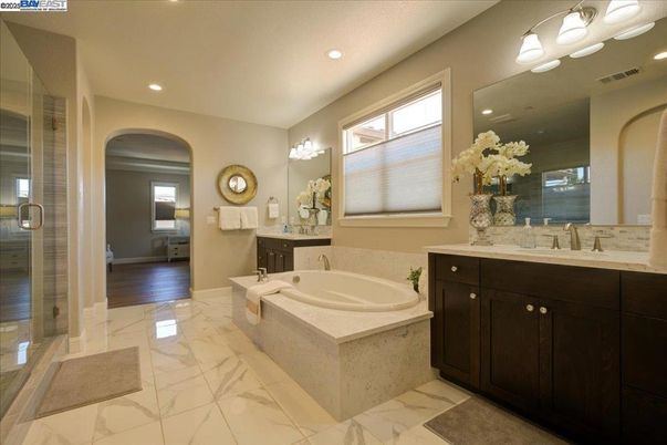 Bathroom, Dual Sink Vanities, Glass Shower, Interior, Marble, Recessed Lighting