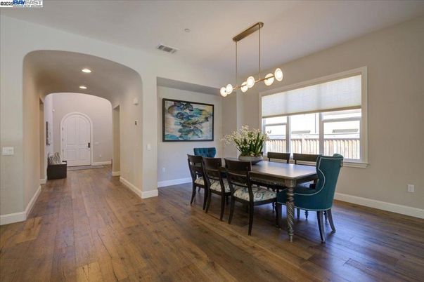 Dining room, Interior, Pendant Lights, Recessed Lighting, Wood Texture Flooring