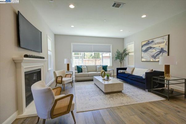 Fireplace, Interior, Living room, Recessed Lighting, Wood Texture Flooring
