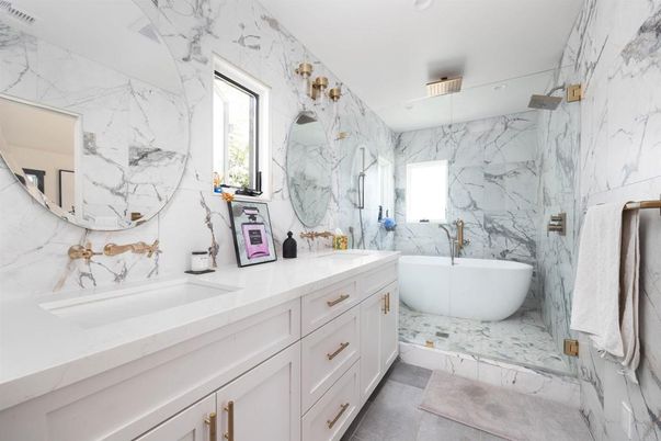 Bathroom, Dual Sink Vanities, Free Standing Baths, Interior, Marble, Marble Walls