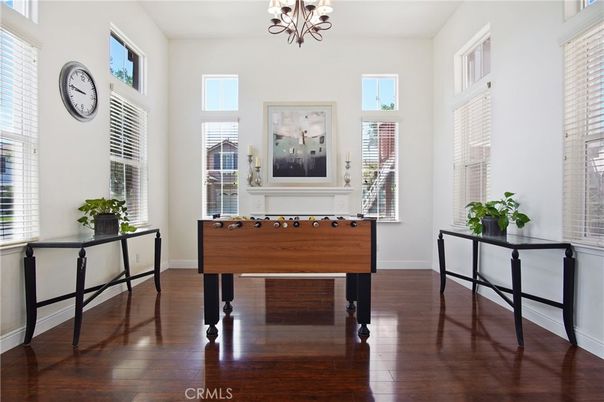 Chandelier, Game Room, Interior, Piano, Wood Texture Flooring