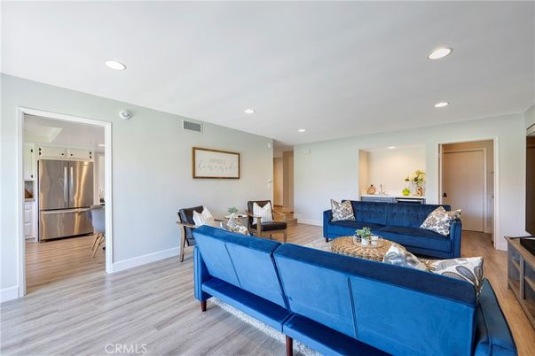 Interior, Kitchen, Living room, Recessed Lighting, Stainless Steel Appliances, Wood Texture Flooring