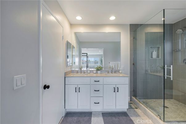Bathroom, Dual Sink Vanities, Glass Shower, Interior, Recessed Lighting