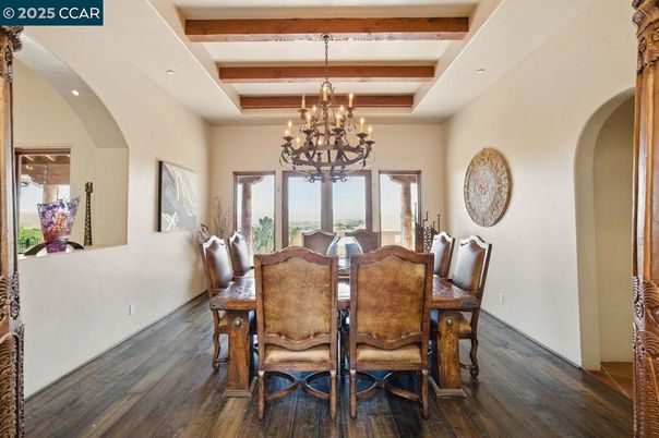Chandelier, Dining room, Interior, Wooden Beams, Wood Texture Flooring