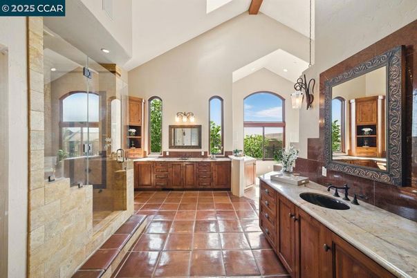 Bathroom, Dual Sink Vanities, Glass Shower, Interior, Pendant Lights, Recessed Lighting, Tile Countertops