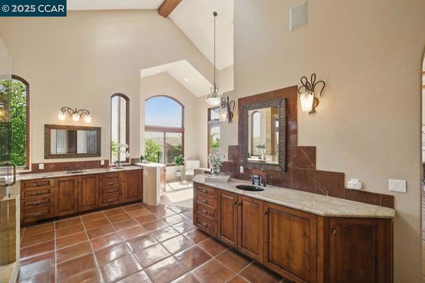 Bathroom, Dual Sink Vanities, Interior, Pendant Lights, Wooden Beams
