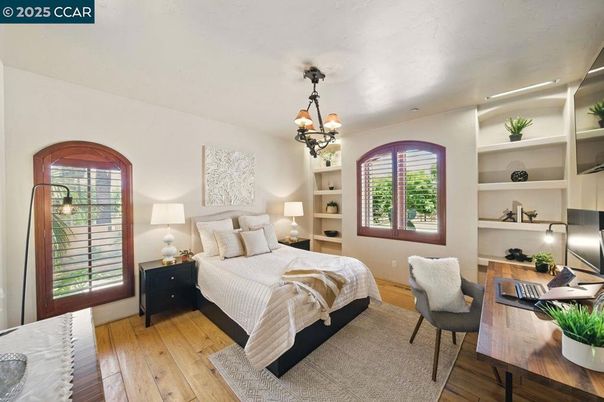 Bedroom, Chandelier, Home Office, Interior, Recessed Lighting, Wood Texture Flooring