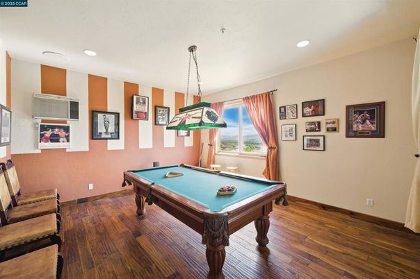 Billiard Table, Game Room, Interior, Pendant Lights, Recessed Lighting, Wood Texture Flooring