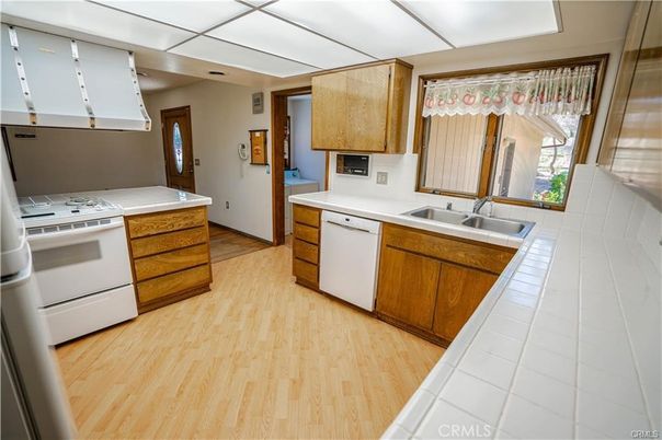 Interior, Kitchen, Tile Countertops, Wood Texture Flooring