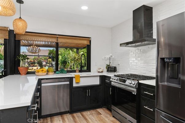 Interior, Kitchen, Pendant Lights, Recessed Lighting, Stainless Steel Appliances, Wood Texture Flooring