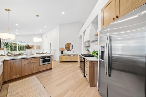 Interior, Kitchen, Pendant Lights, Recessed Lighting, Stainless Steel Appliances, Wood Texture Flooring