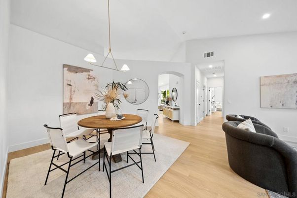 Dining room, Interior, Pendant Lights, Recessed Lighting, Wood Texture Flooring