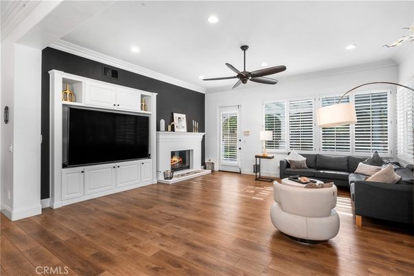 Fireplace, Interior, Living room, Recessed Lighting, Wood Texture Flooring